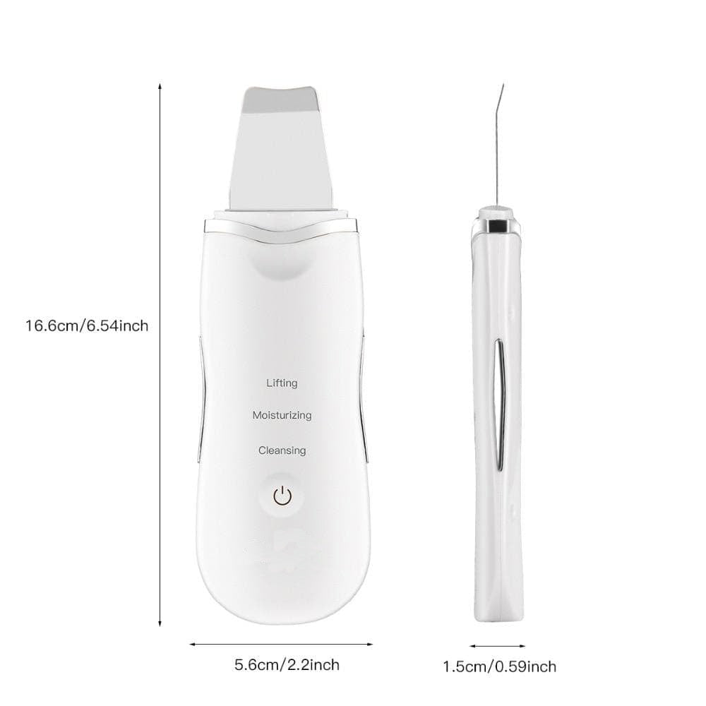Deep Facial Cleanser & Face Scrubber ultrasonic device with dimensions, featuring lifting, moisturizing, and cleansing options.