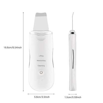 Deep Facial Cleanser & Face Scrubber ultrasonic device with dimensions, featuring lifting, moisturizing, and cleansing options.