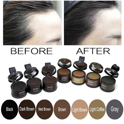 Sevich Hairline Repair Filling Powder before and after results with color options Black, Dark Brown, Med Brown, Brown, Light Brown, Light Coffee, Gray.