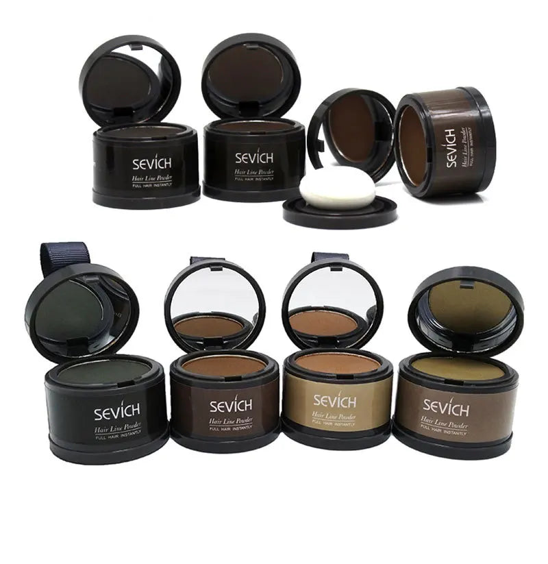 Sevich Hairline Repair Filling Powder in various shades with applicator for seamless hairline enhancement.