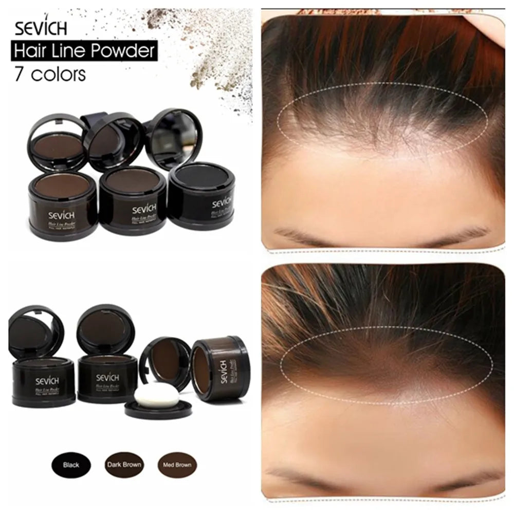 Sevich Hairline Repair Filling Powder in 7 colors displayed alongside before and after hairline transformation.