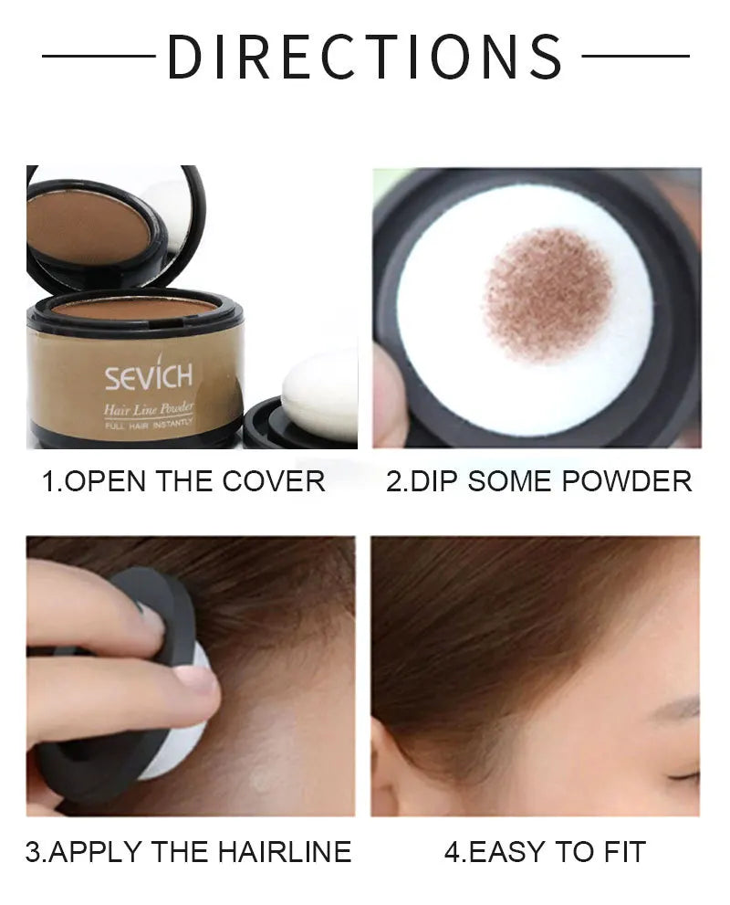Directions for Sevich Hairline Repair Filling Powder: open, dip, apply, and fit easily.