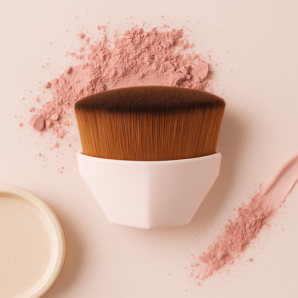 High Density Makeup Foundation Brush on a pastel background with blush powder and a circular cosmetic container.