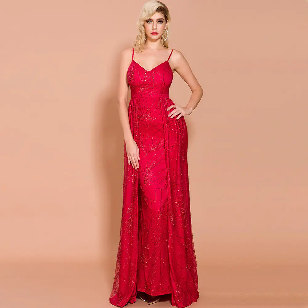 Elegant V-Neck Backless Party Dress for Women worn by a model in red with elegant design and long flowy skirt.