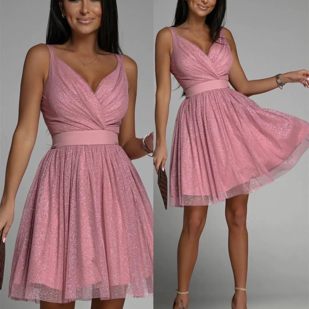Elegant Glitter Sleeveless Deep V Neck Party Dress for Women in pink with glittery detail, perfect for special occasions.