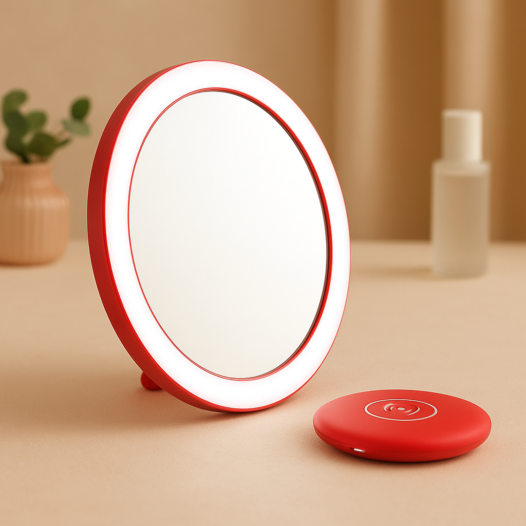 Rechargeable LED Handheld Makeup Mirror with bright LED lighting and sleek design on a table.