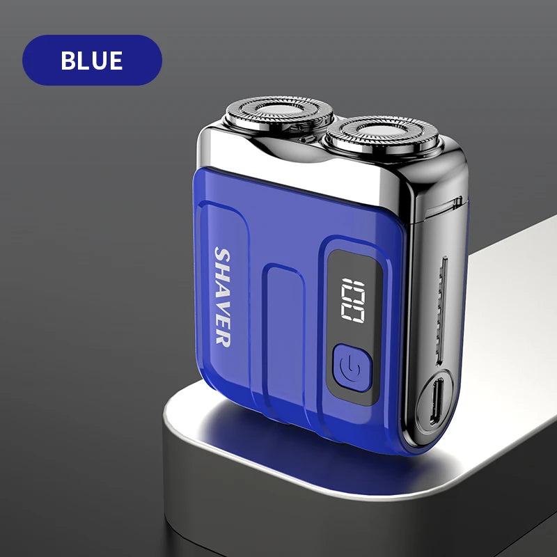 Rotary Mini Electric Smart Shaver in blue color with dual rotary heads and LED display, ideal for portable grooming.