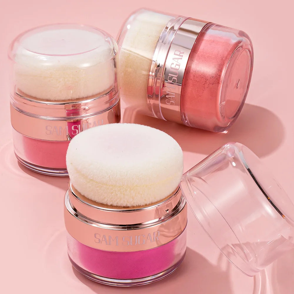 6 Color Air Cushion Blush Silky Smooth Matte Eye Shadow jars with sponges on a pink background.