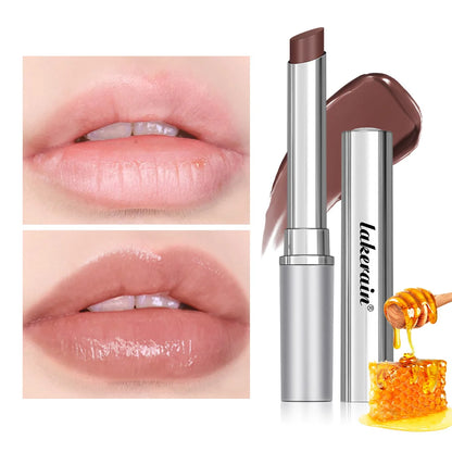 Long Lasting Moisturizing Lipstick shown on lips, featuring a glossy finish and lightweight formula for hydration.