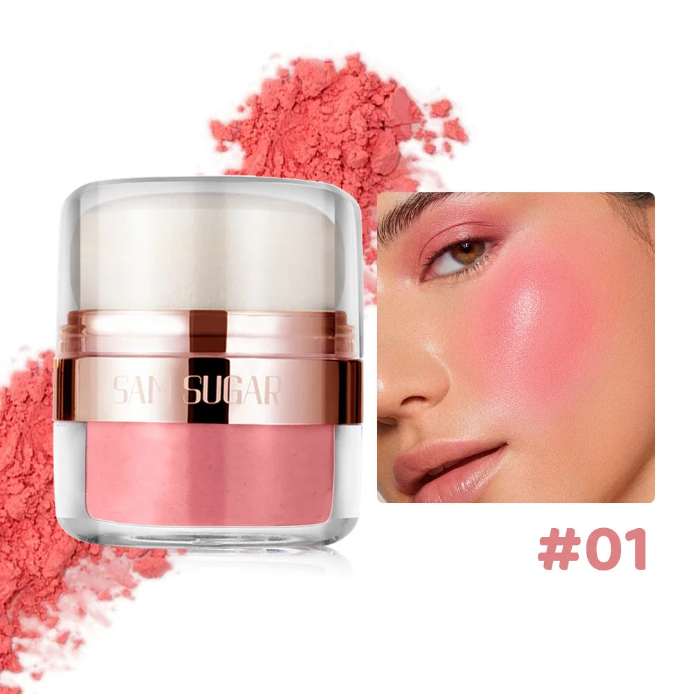 6 Color Air Cushion Blush Silky Smooth Matte Eye Shadow in shade #01 with a model showcasing the blush on her cheek.