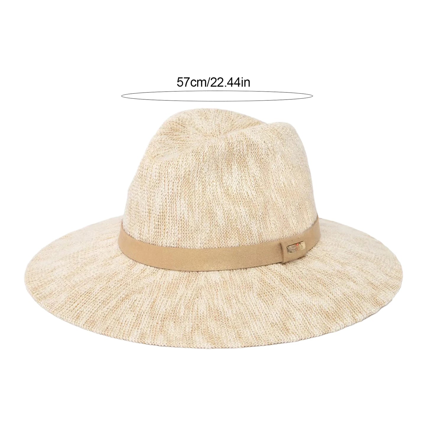 Packable Fedora Hat Wide Brim Travel Summer Unisex with beige color and measuring 57cm/22.44in diameter