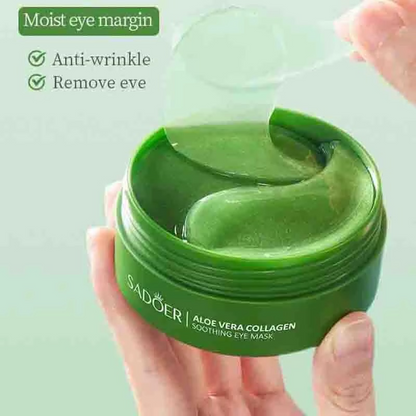 Aloe Vera Collagen Eye Mask for Dark Circles & Puffiness in a green jar, featuring anti-wrinkle and soothing properties.