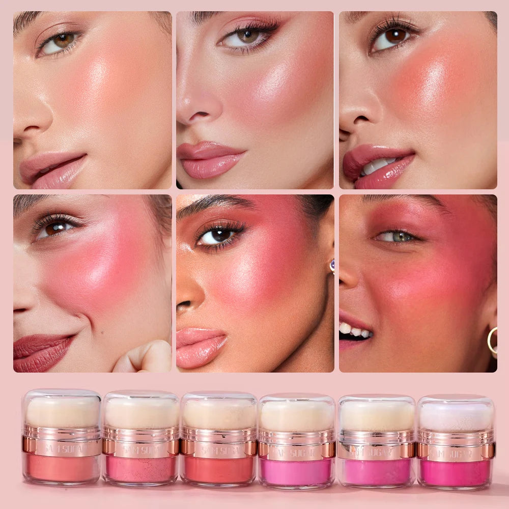 6 Color Air Cushion Blush Silky Smooth Matte Eye Shadow showcased on diverse skin tones with radiant blush application.