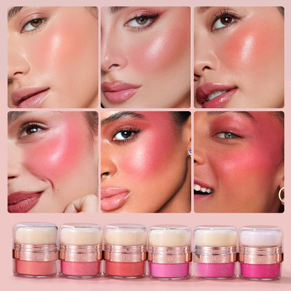 6 Color Air Cushion Blush Silky Smooth Matte Eye Shadow showcased on diverse skin tones with radiant blush application.