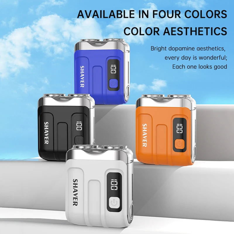 Rotary Mini Electric Smart Shaver available in four colors: black, blue, orange, and white for stylish grooming.