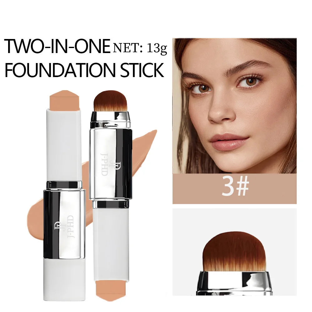 Two-in-one Brush Head Foundation Stick with dual brush for easy application and blending, shown next to a model.