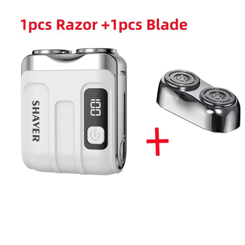 Rotary Mini Electric Smart Shaver displayed with one razor and one blade, offering a compact and efficient grooming solution.