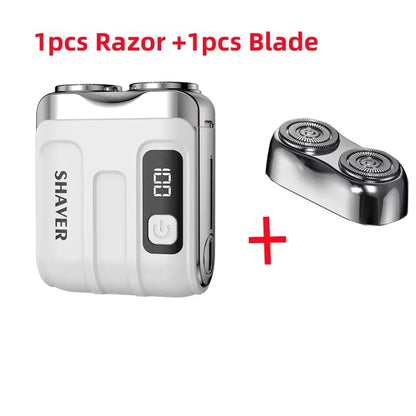 Rotary Mini Electric Smart Shaver displayed with one razor and one blade, offering a compact and efficient grooming solution.