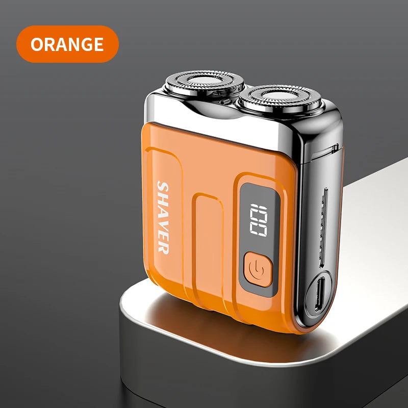 Rotary Mini Electric Smart Shaver in orange color showcasing its compact design and LED display.