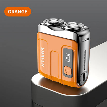 Rotary Mini Electric Smart Shaver in orange color showcasing its compact design and LED display.