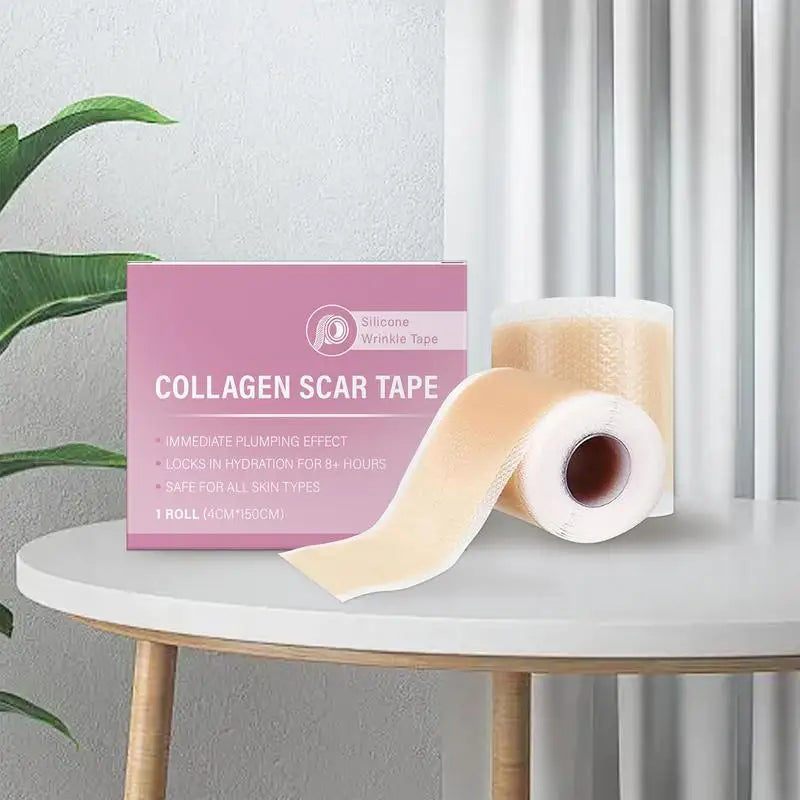 Reusable Silicone Collagen Sheets for Wrinkle & Fine Lines on a table with Collagen Scar Tape packaging and roll.