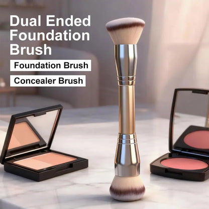 Dual Ended Foundation Brush for Liquid Powder displayed on a vanity with makeup products.