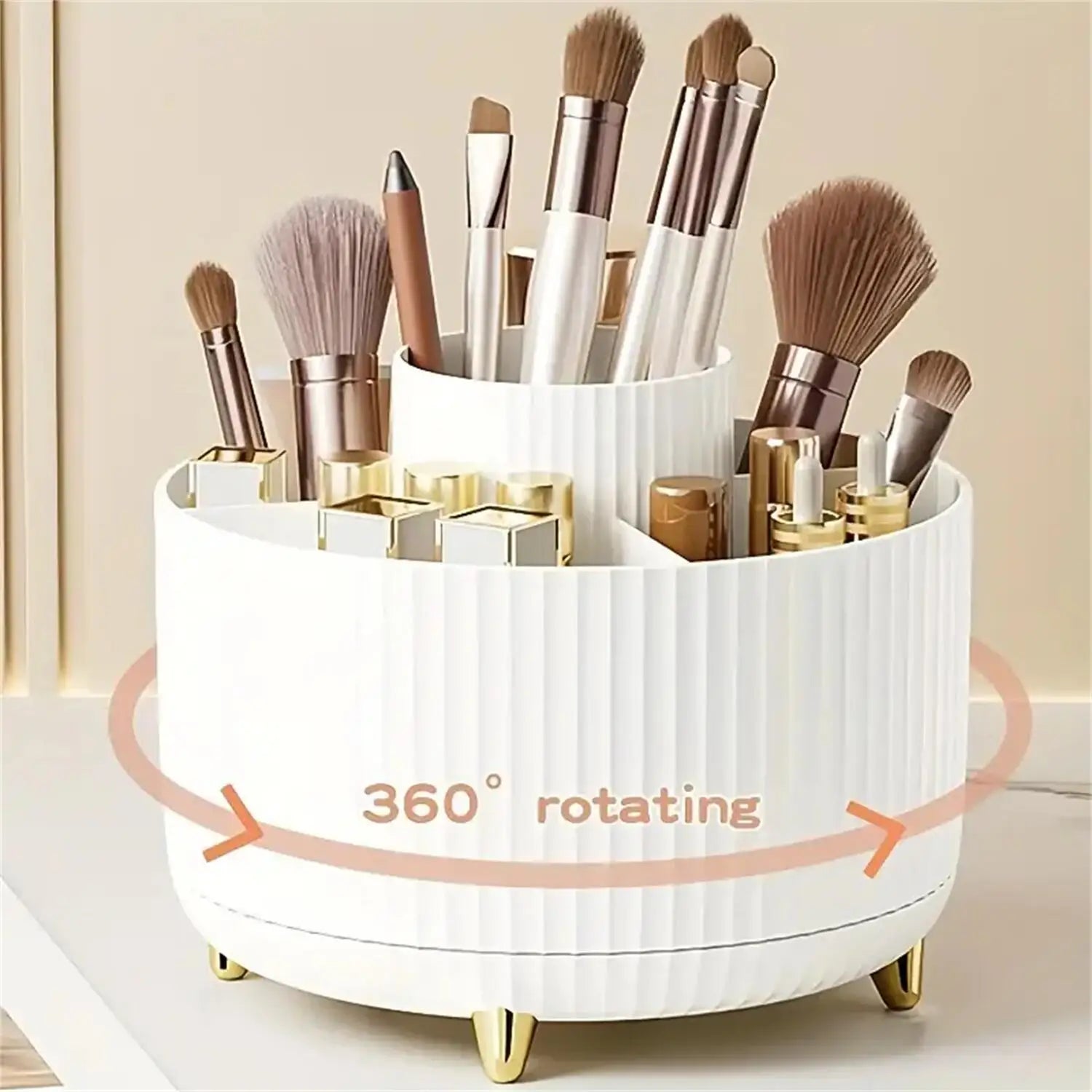 360 Rotating Makeup Storage Organizer displaying makeup brushes and cosmetics in a neat and organized design.