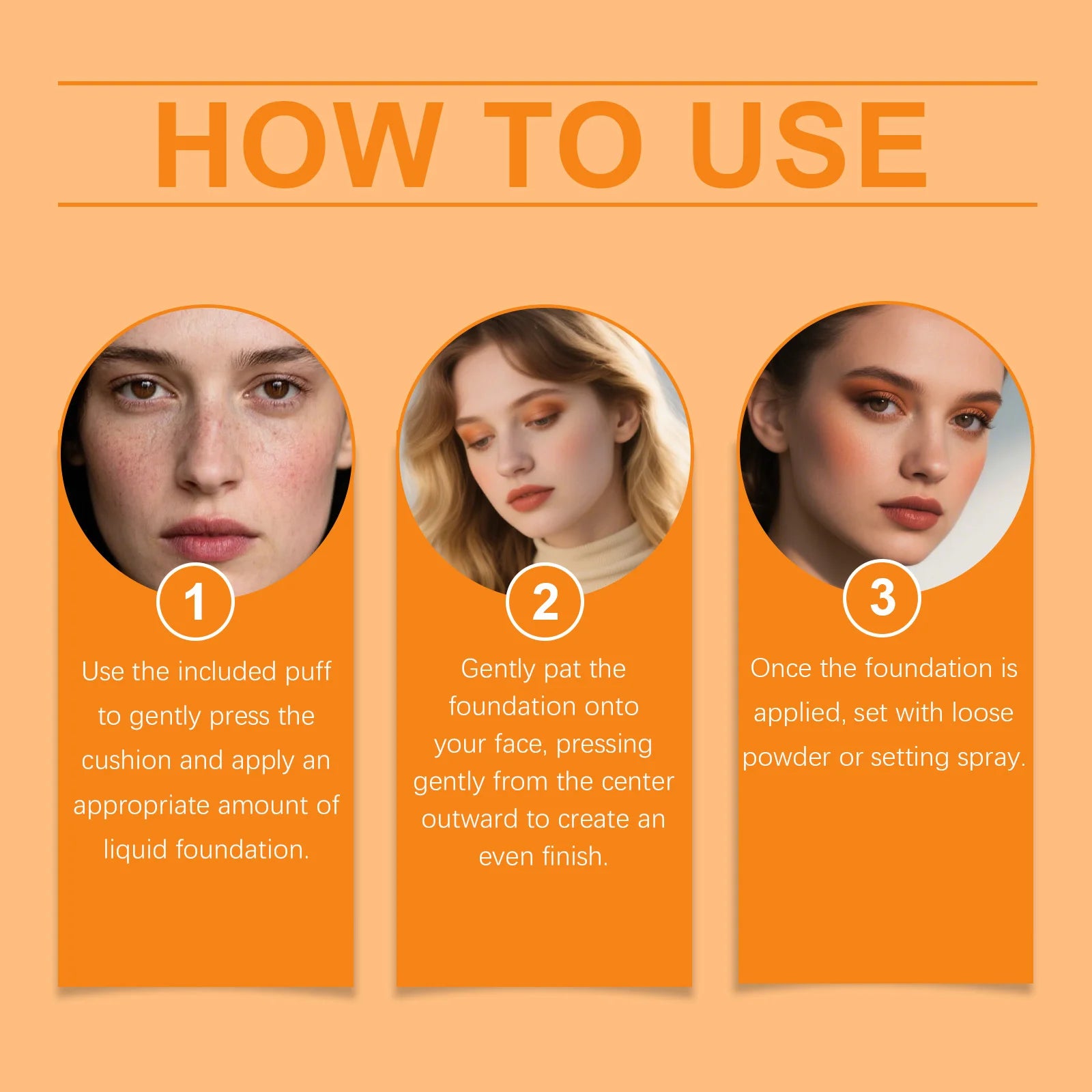 Instructions on how to use Lightweight Concealer Hydrating Liquid Foundation for a flawless makeup application.