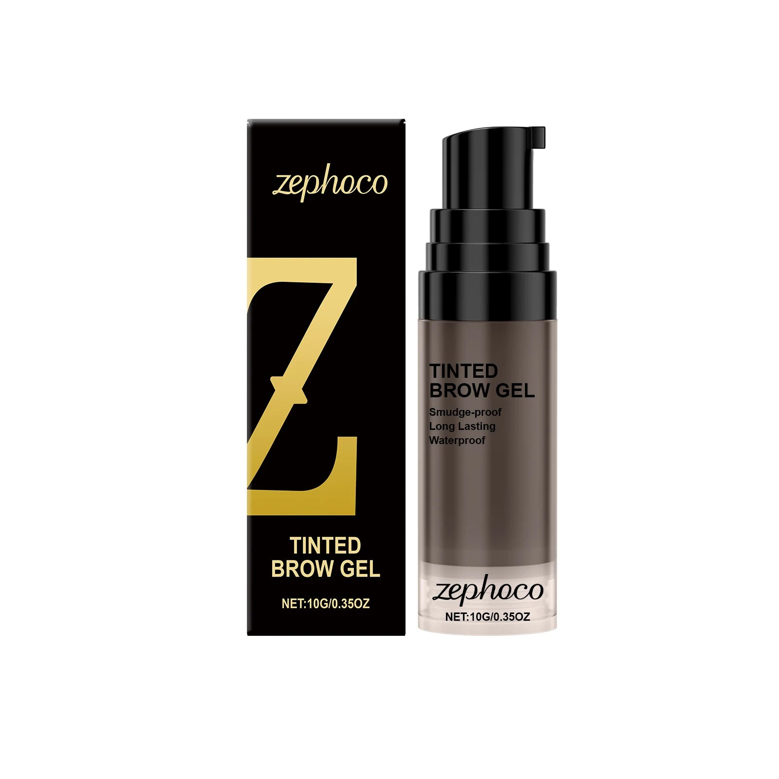Zephoco Tinted Waterproof Eyebrow Cream packaging with sleek design and pump dispenser for easy application