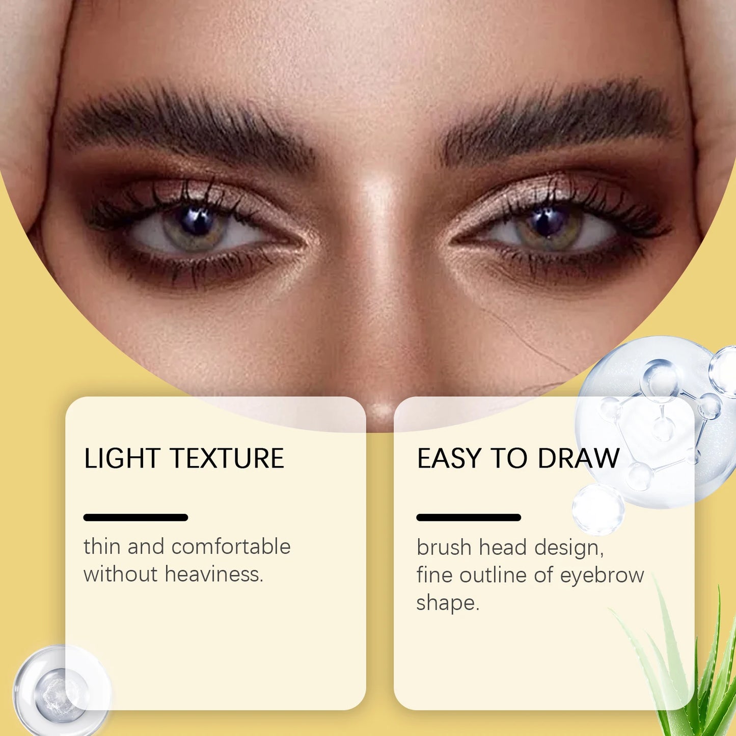 Close-up of model showcasing Zephoco Tinted Waterproof Eyebrow Cream features: light texture and easy to draw brush head design.