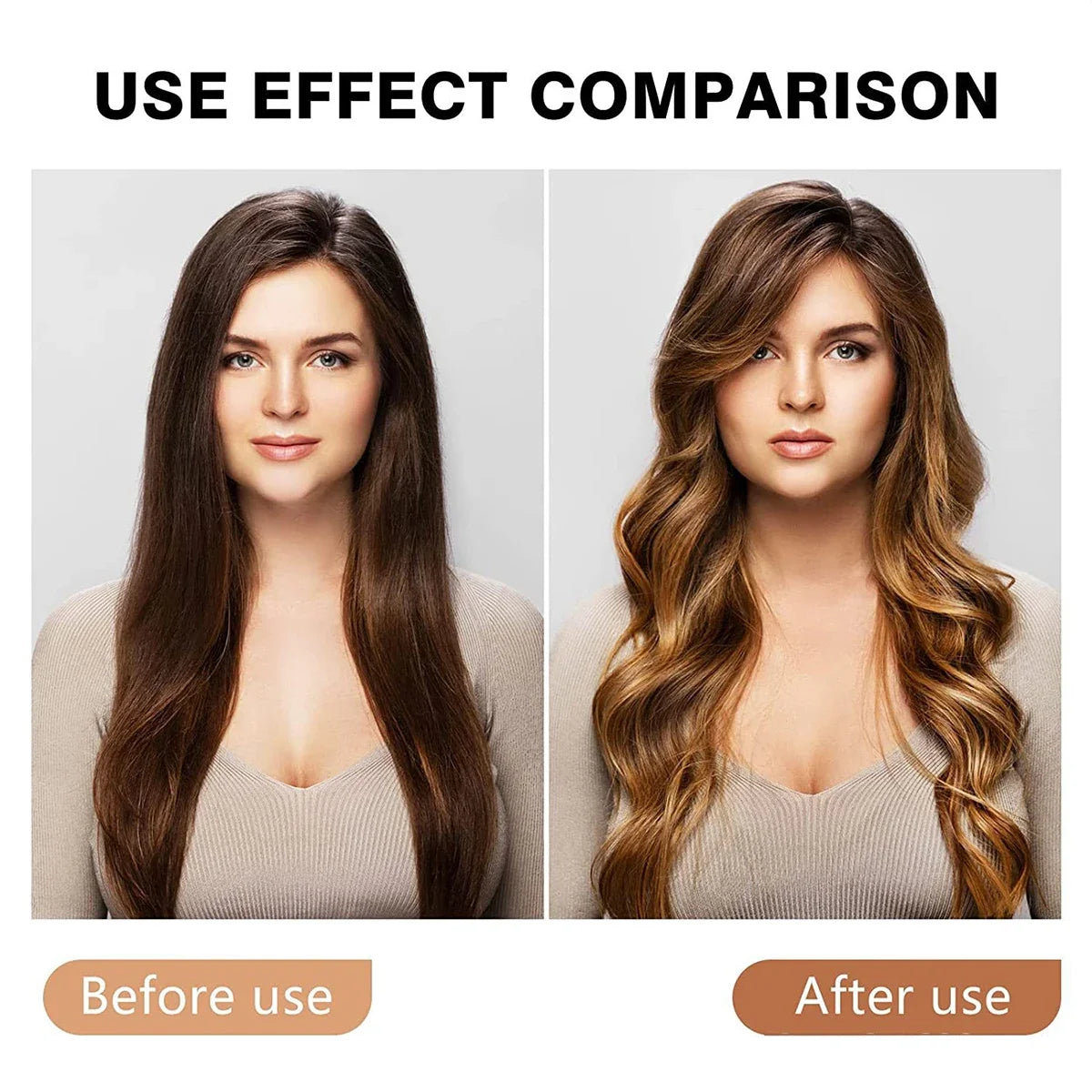 Use effect comparison showcasing the transformation from straight to wavy hair using Heatless Hair Curler Curling Rod Headband.