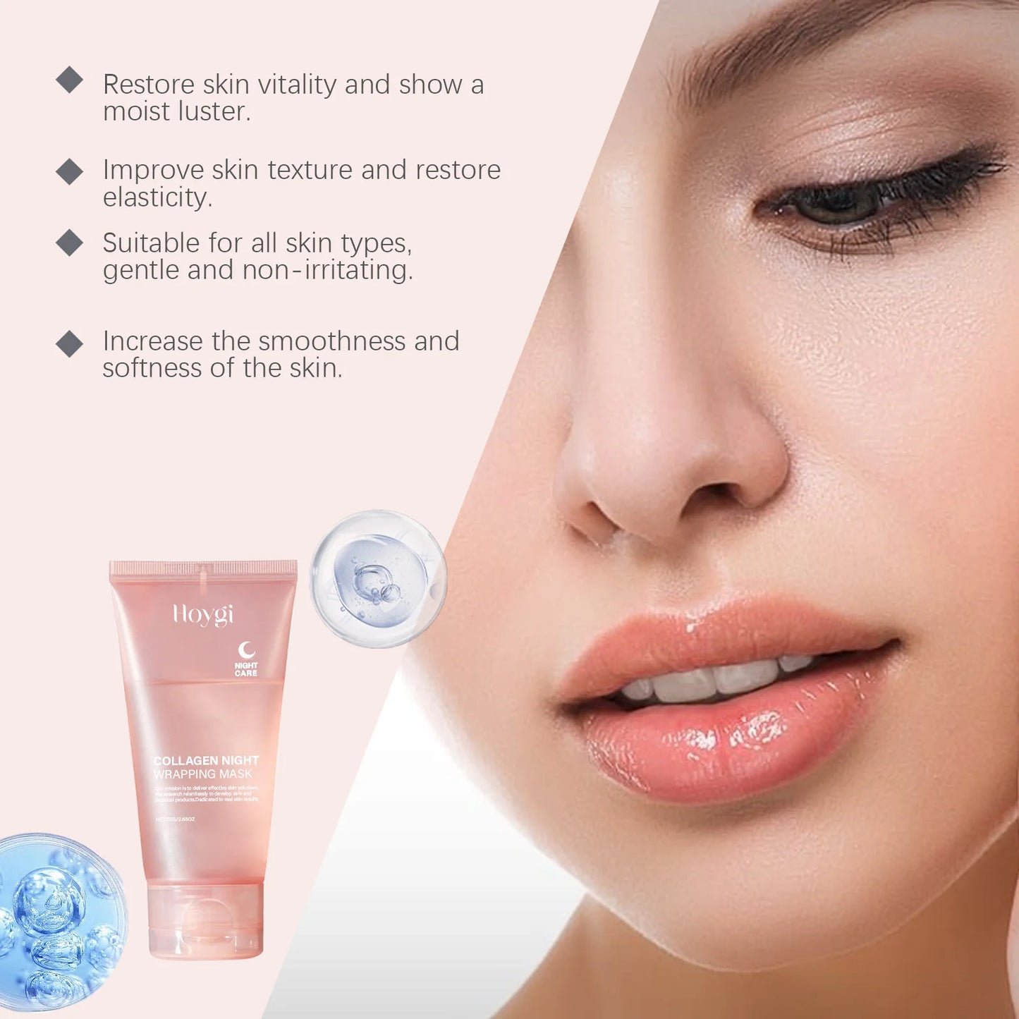 Collagen Night Wrapping Sleeping Mask enhances skin vitality and softness, suitable for all skin types for overnight care.