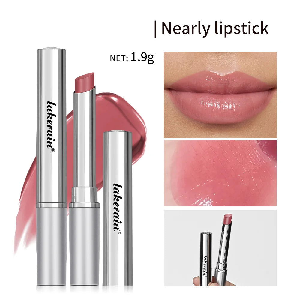 Long Lasting Moisturizing Lipstick in a sleek silver tube, showcasing a glossy lip finish and smooth texture.