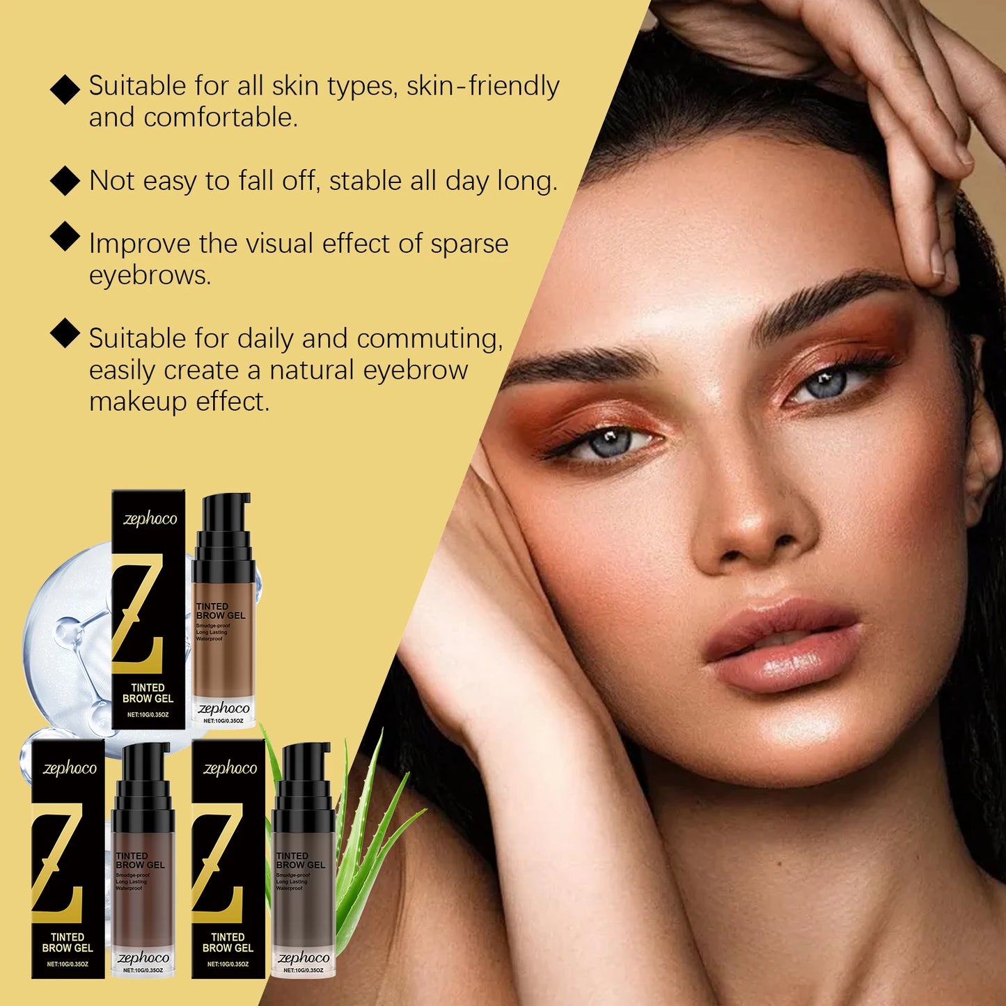 Zephoco Tinted Waterproof Eyebrow Cream shown with model, enhancing natural brows and suitable for all skin types.