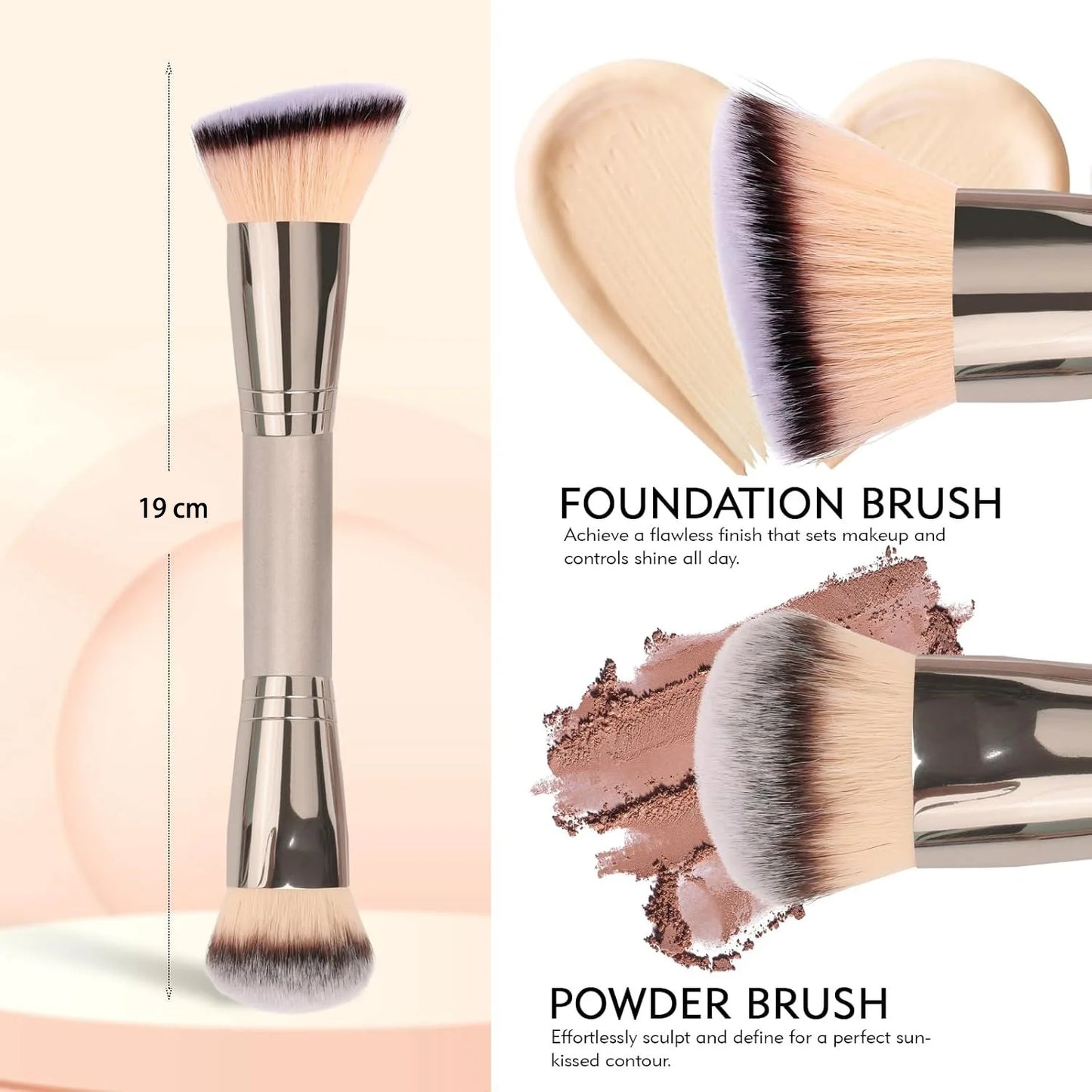 Dual Ended Foundation Brush for Liquid Powder featuring foundation and powder brush sides for flawless application.