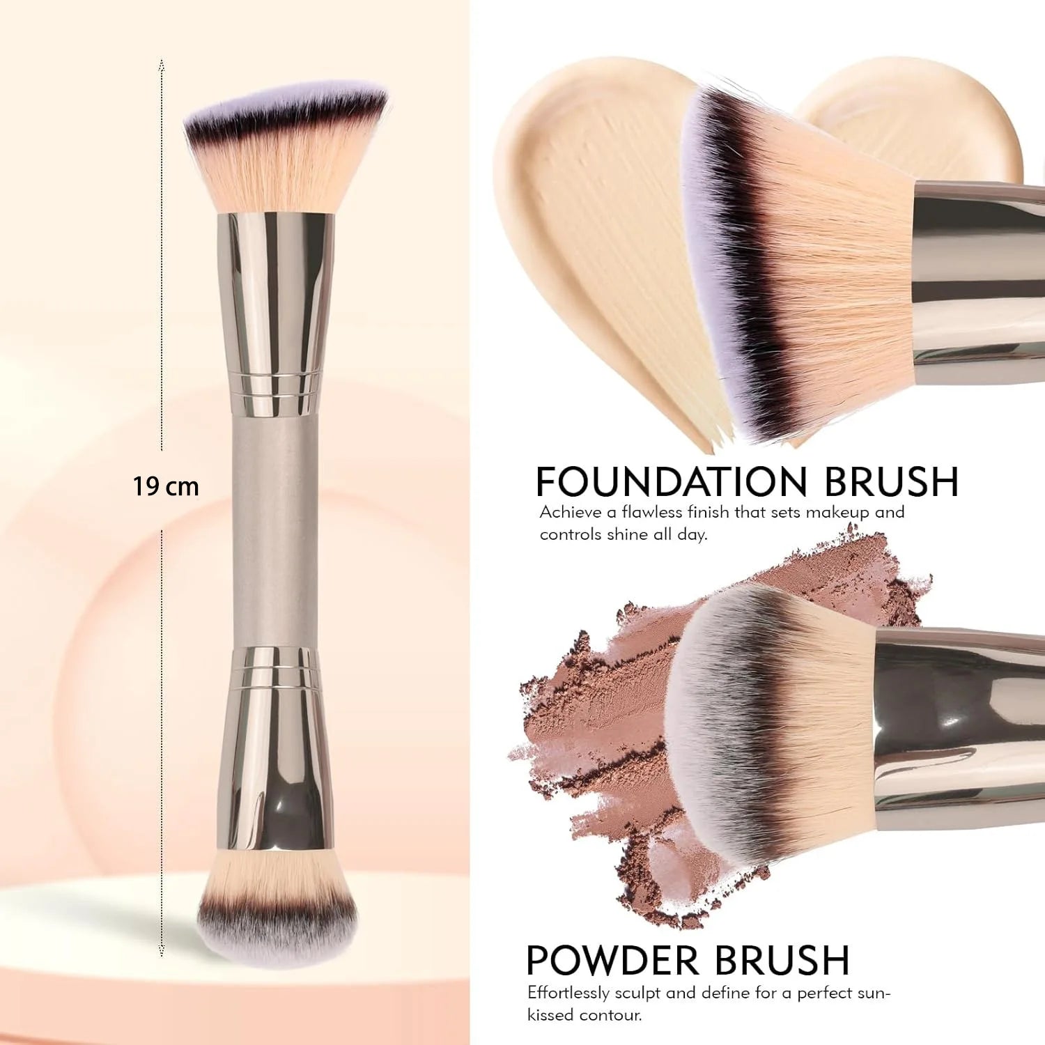 Dual Ended Foundation Brush for Liquid Powder featuring foundation and powder brush sides for flawless application.