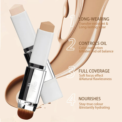 Two-in-one Brush Head Foundation Stick showcasing long-wearing, oil control, full coverage, and nourishing qualities.