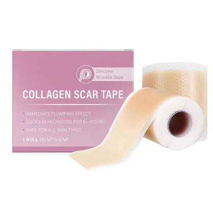 Reusable Silicone Collagen Sheets for Wrinkle & Fine Lines in packaging with visible tape roll.