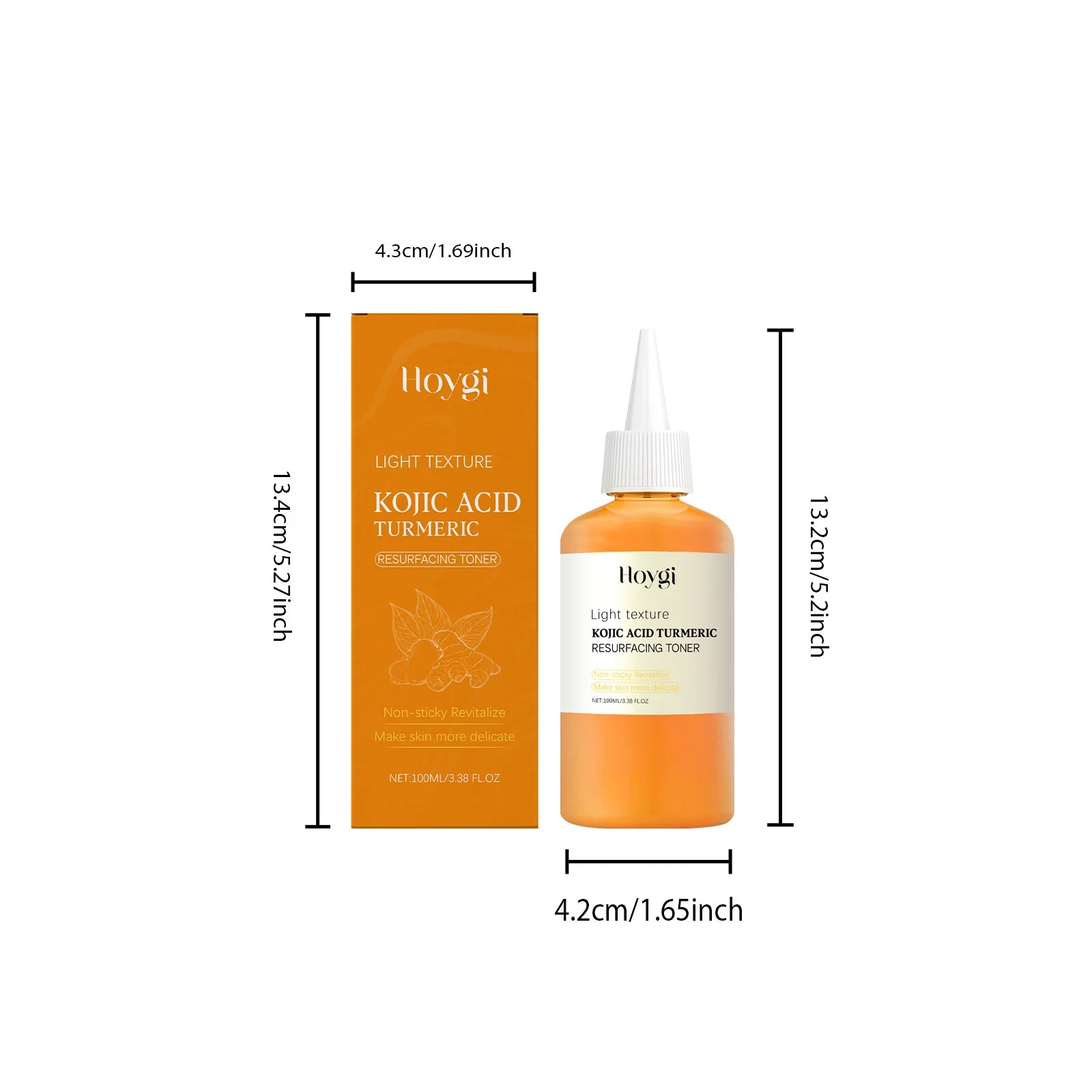 Brightening Kojic Acid Turmeric Toner bottle and packaging with dimensions, highlighting its light texture and refreshing properties.