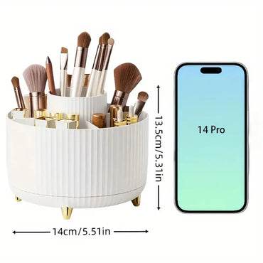 360 Rotating Makeup Storage Organizer with makeup brushes, featuring dimensions next to a smartphone for size reference.