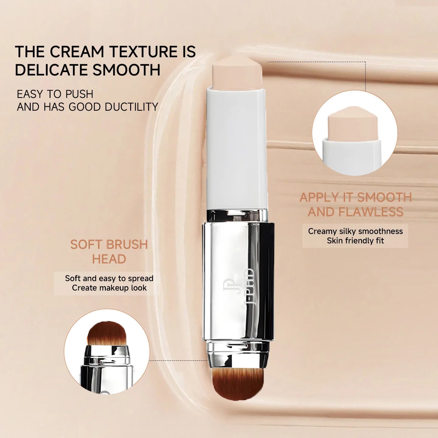 Close-up of Two-in-one Brush Head Foundation Stick highlighting soft brush head for smooth application.