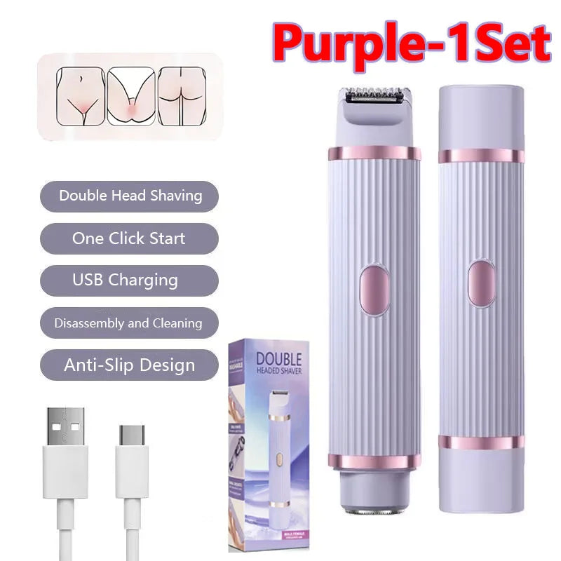 Rechargeable 2-in-1 Electric Hair Shaver in purple with USB charging and anti-slip design.
