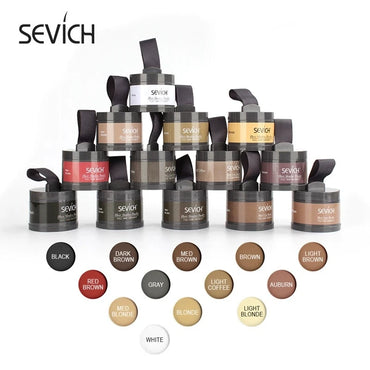 Sevich Hairline Repair Filling Powder in various shades, including Black, Brown, Blonde, and more.
