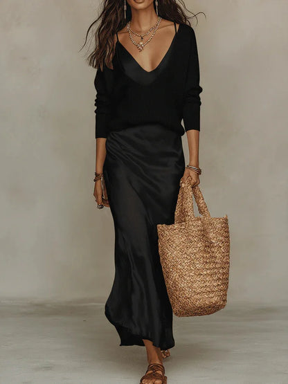 Elena  Midi Satin Dress with Included Sweater