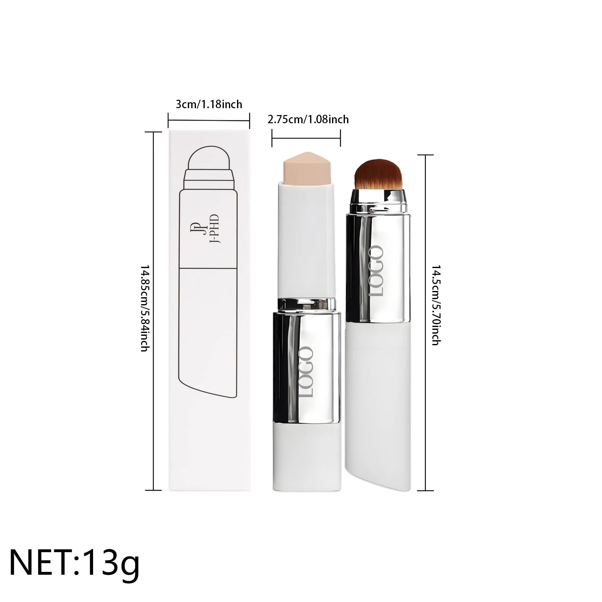 Two-in-one Brush Head Foundation Stick with dimensions and packaging information displayed.