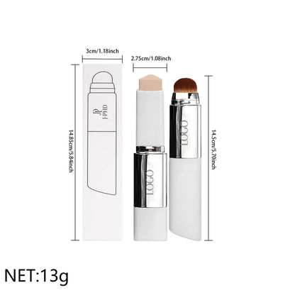 Two-in-one Brush Head Foundation Stick with dimensions and packaging information displayed.