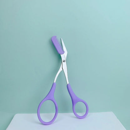 Eyebrow Trimming Scissors with Built-in Comb displayed on a light background, featuring purple handles and precision blades.