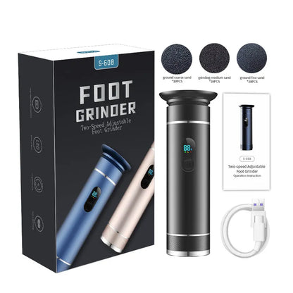 Electric Aluminum Foot Callus Remover Grinder Tool packaging with grinder and accessories.