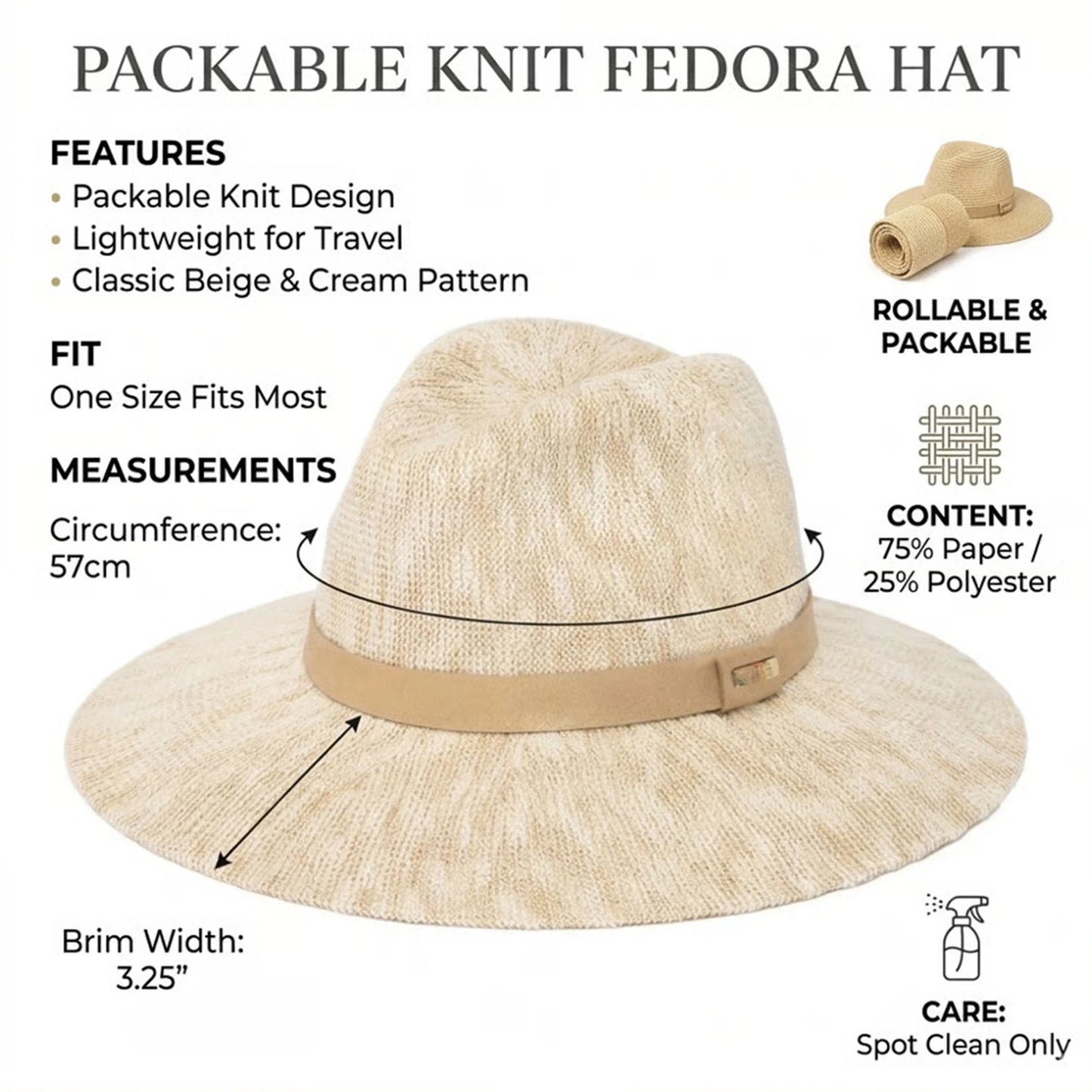 Packable Fedora Hat Wide Brim Travel Summer Unisex in beige knit design, lightweight and rollable for travel.