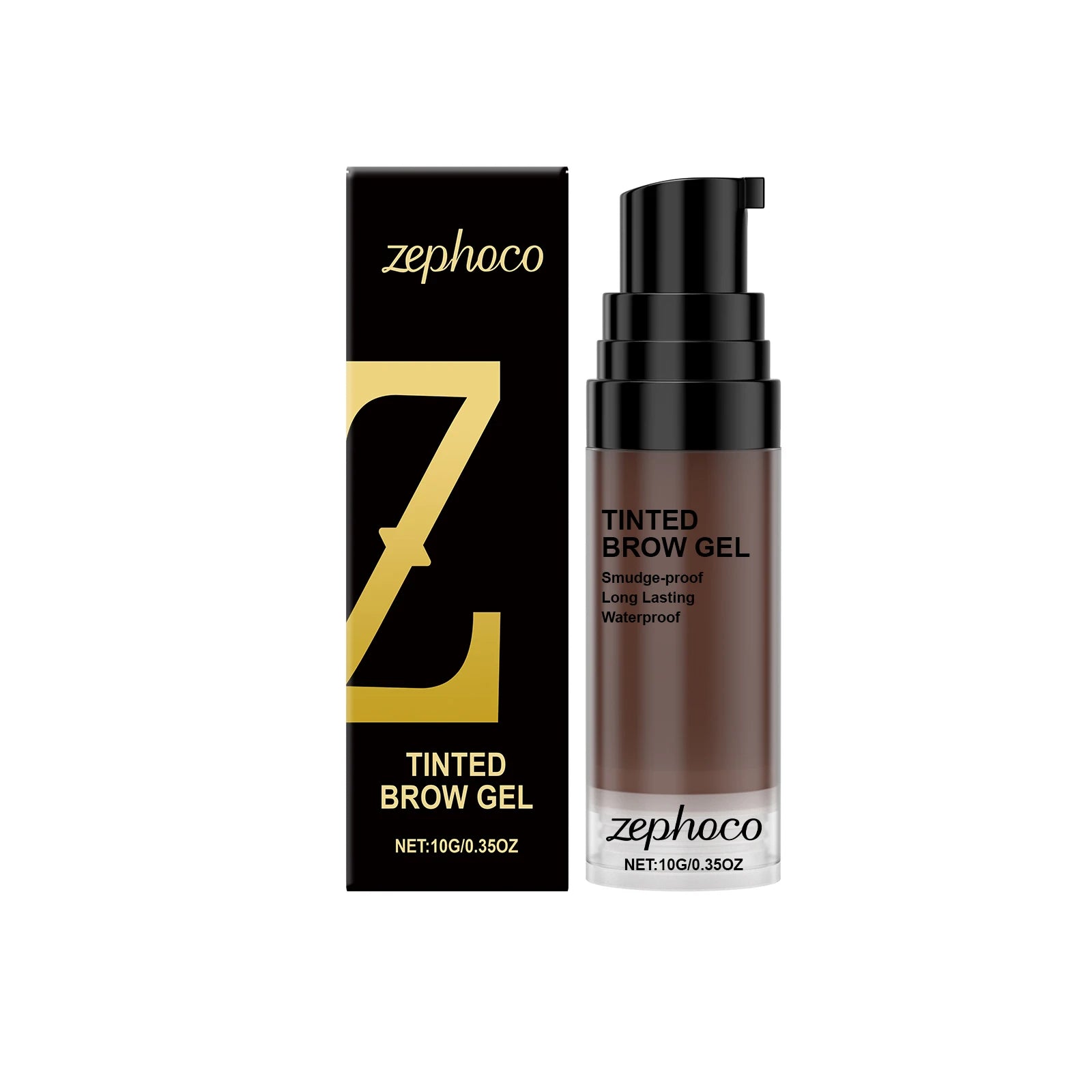 Zephoco Tinted Waterproof Eyebrow Cream in a sleek container with a pump, promoting strong, defined brows.